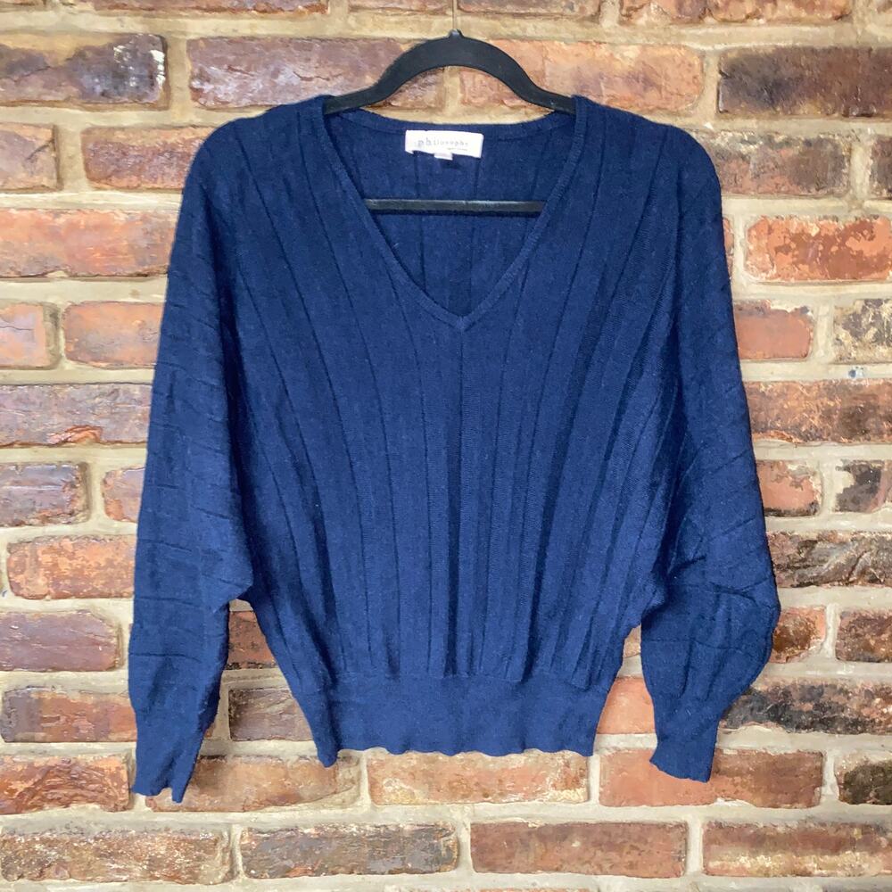Philosophy Navy Blue Wide Ribbed Knit V-Neck Pullover Sweater Women's Size XS